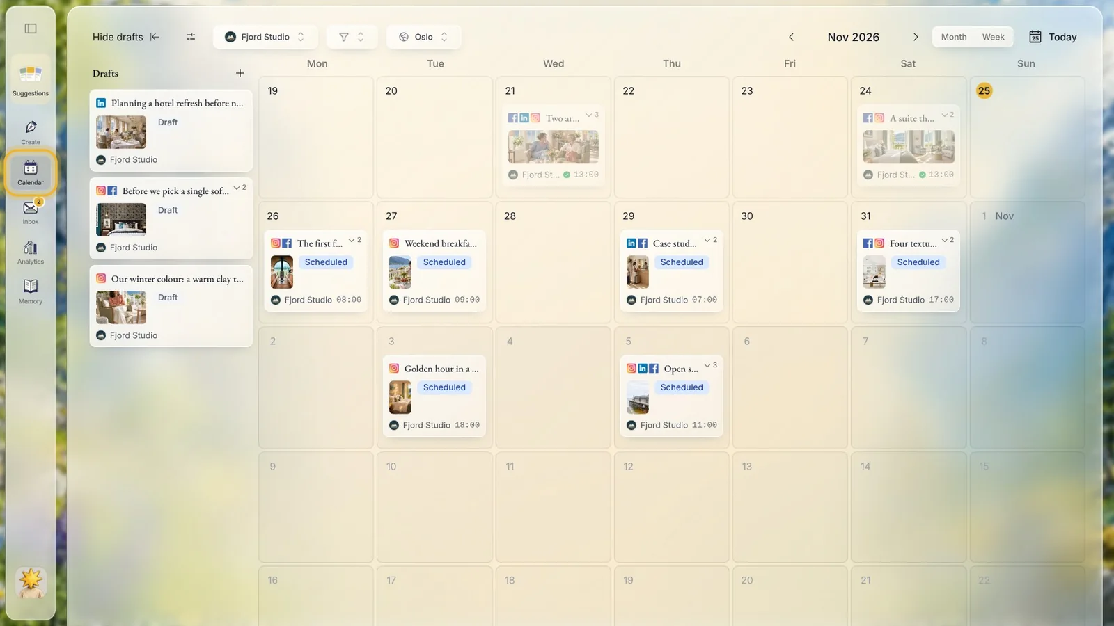 The calendar in Native: planned posts on their days, with drafts waiting in a list on the left