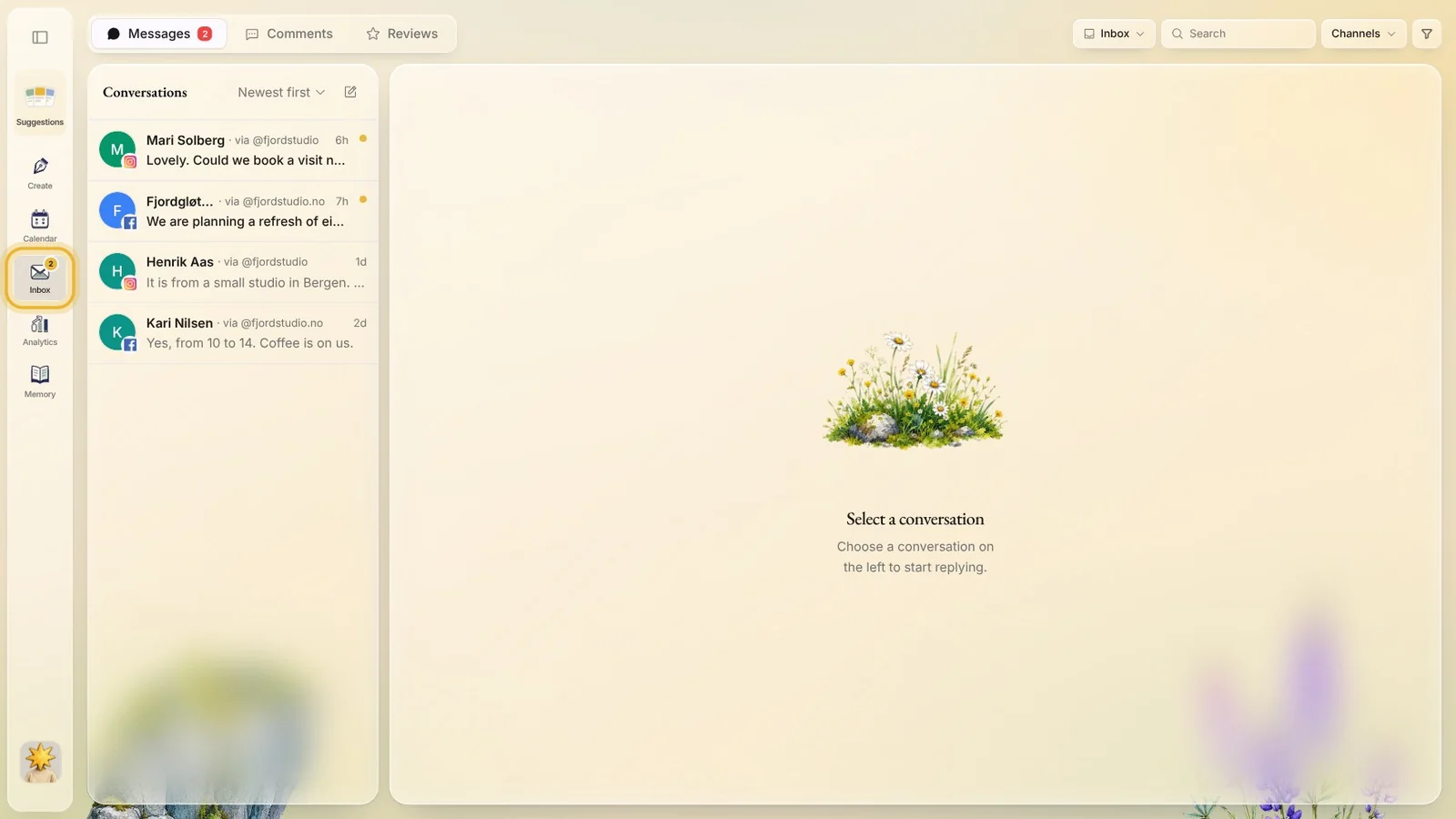The inbox in Native: conversations from Instagram and Facebook in one list, with tabs for messages, comments and reviews