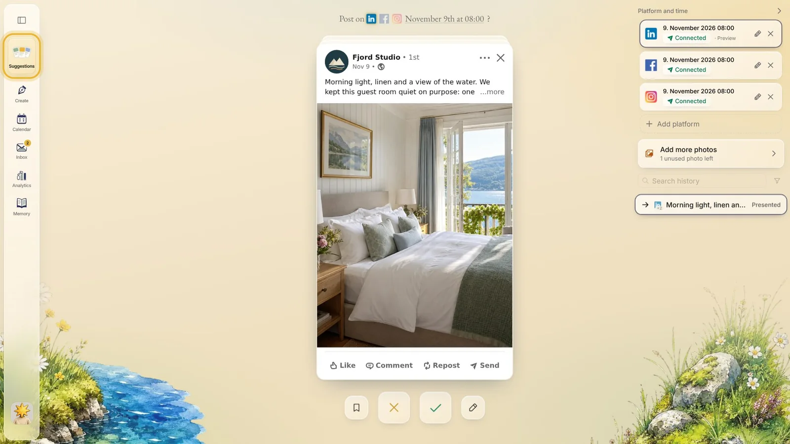 Suggestions in Native: a post card from Fjord Studio waiting to be approved, with its channels and time on the right