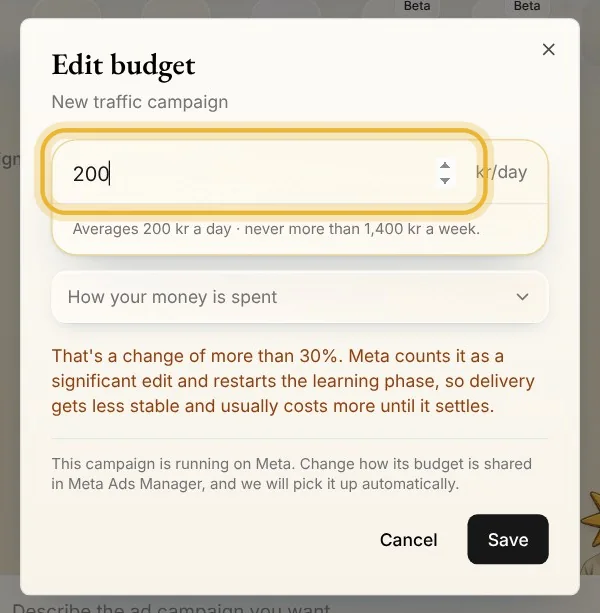 Edit budget in Native: 200 kr a day typed, with the warning that a change of more than 30% restarts Meta's learning phase