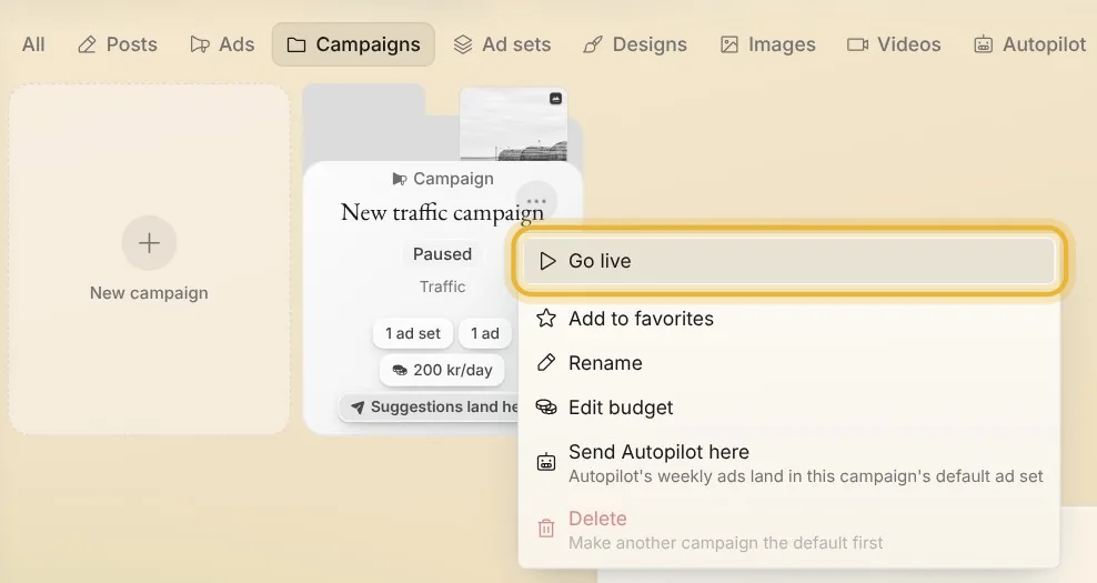 The paused campaign in Native, with Go live in its menu