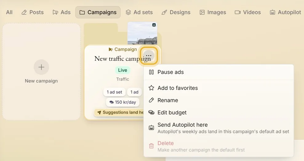 Create's Campaigns in Native: New traffic campaign, live at 150 kr a day, with its menu open: Pause ads, Rename, Edit budget
