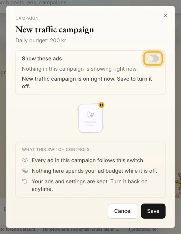 The campaign's delivery in Native: Show these ads switched off, and what the switch controls