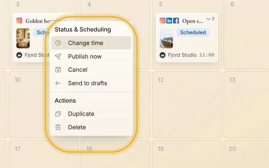 The menu on a planned post: change time, publish now, cancel, send to drafts, duplicate or delete