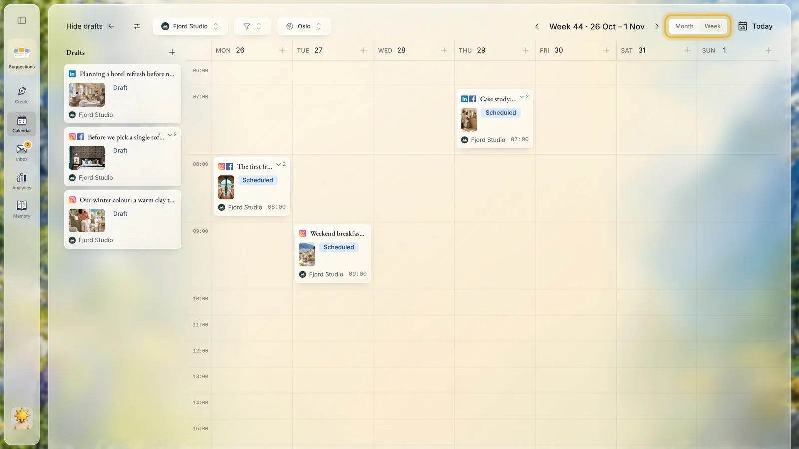The week view of the calendar, with the Month and Week switch at the top right