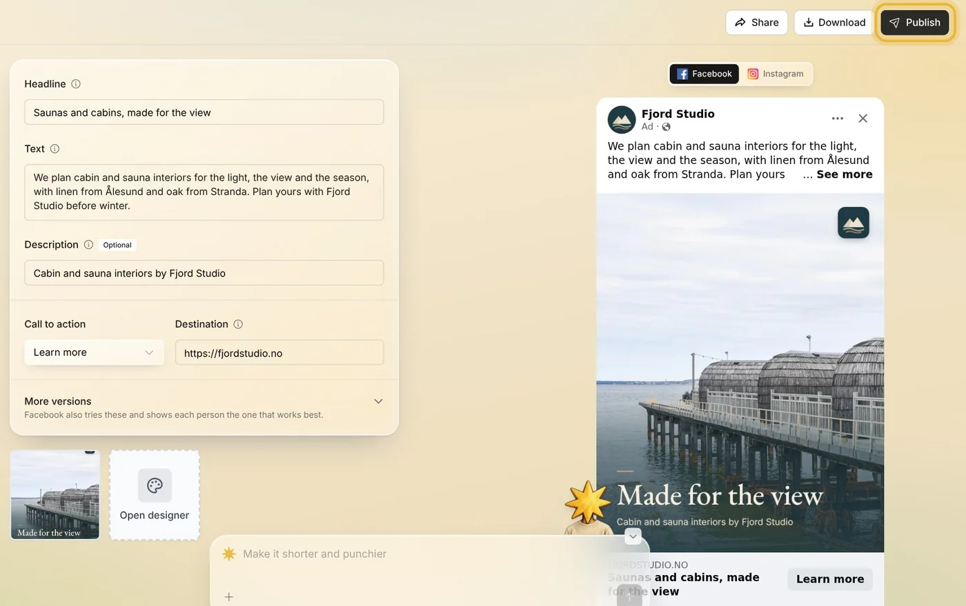The ad in Native's editor, with Publish in the top bar