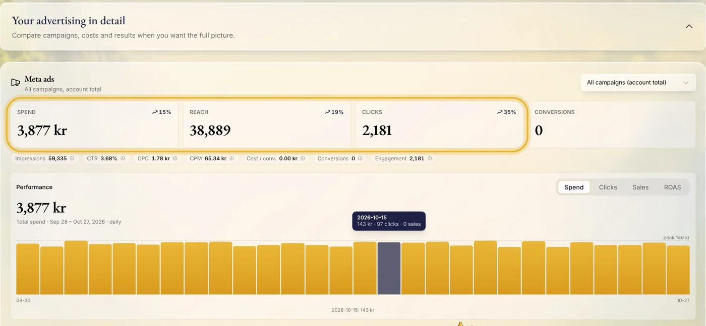 Your advertising in detail: spend, reach and clicks with how each is moving, and the daily chart