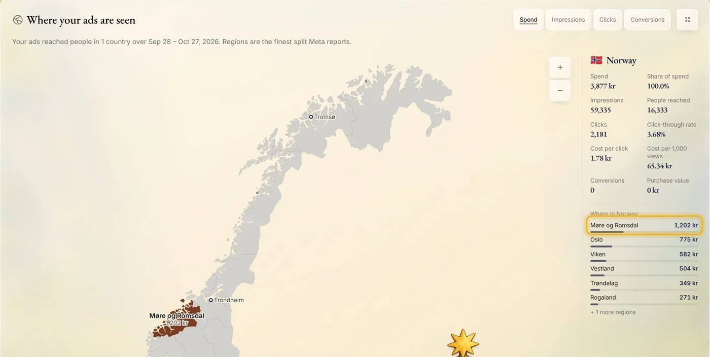 Where your ads are seen: a map of Norway with spend by region, Møre og Romsdal first