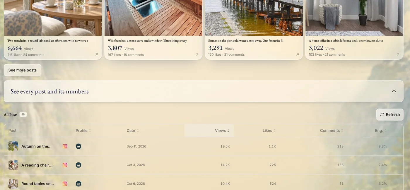 See every post and its numbers: a table of posts with their channel, profile, date, views, likes, comments and engagement, sorted by views