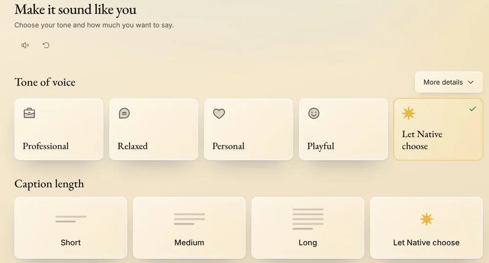 Make it sound like you in Native's setup guide: Tone of voice and Caption length, with Let Native choose picked for the tone