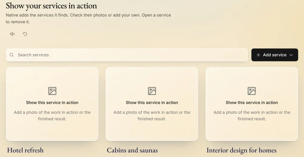 Show your services in action in Native's setup guide: Hotel refresh, Cabins and saunas and Interior design for homes, each with room for a photo, and Add service