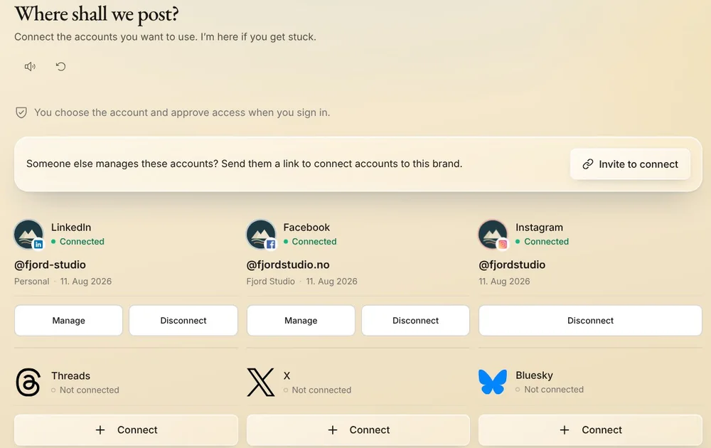 Where shall we post? in Native's setup guide: LinkedIn, Facebook and Instagram connected, Threads, X and Bluesky with Connect, and Invite to connect
