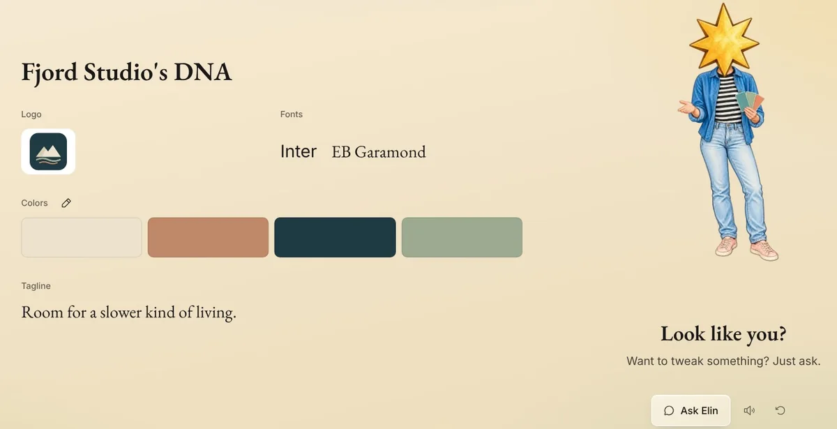 Fjord Studio's DNA in Native's setup guide: its logo, fonts, colors and tagline, and Elin asking Look like you? beside Ask Elin