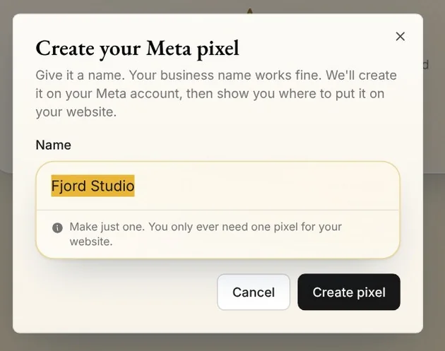 Create your Meta pixel: the name field with Fjord Studio filled in, and Create pixel
