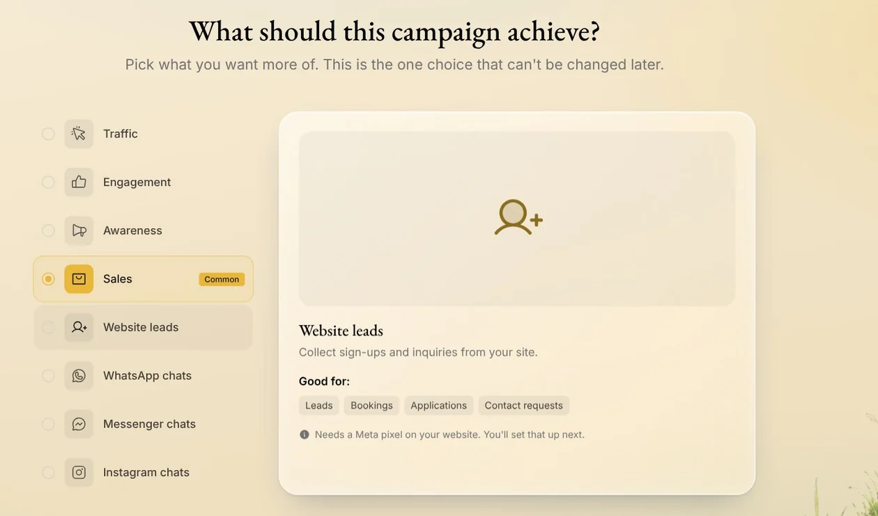 What should this campaign achieve? in Native: eight goals from Traffic to Instagram chats, and Website leads with its note that it needs a Meta pixel