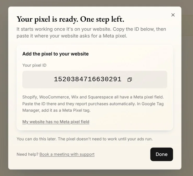 Your pixel is ready. One step left: the pixel ID with Copy, and where to paste it