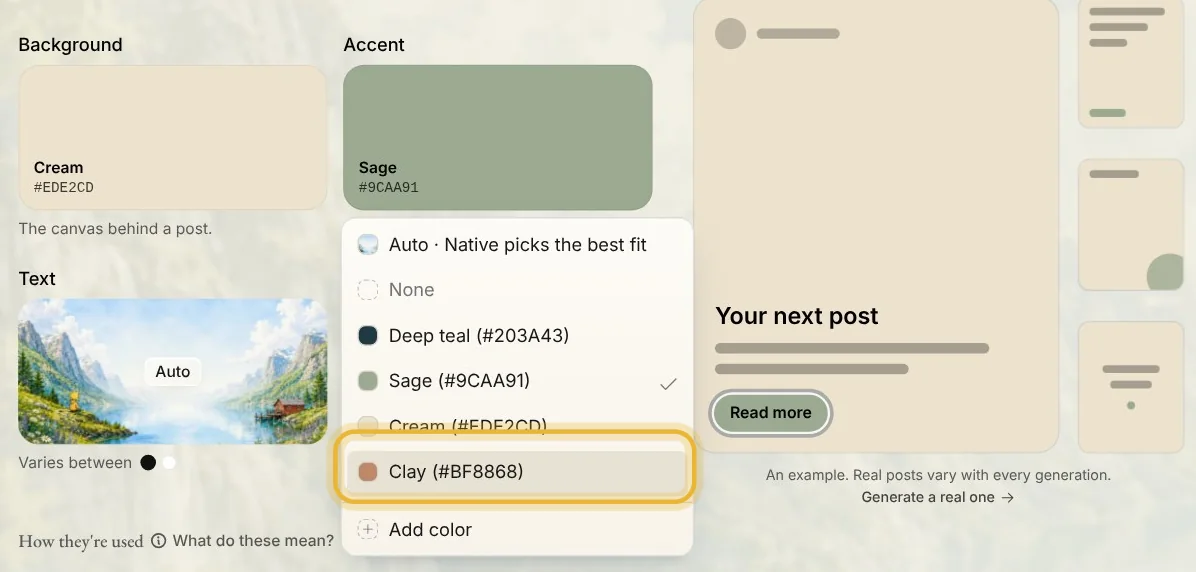 Accent's menu of your colors open next to an example post: Auto, None, Deep teal, Sage, Cream and Clay, ringed