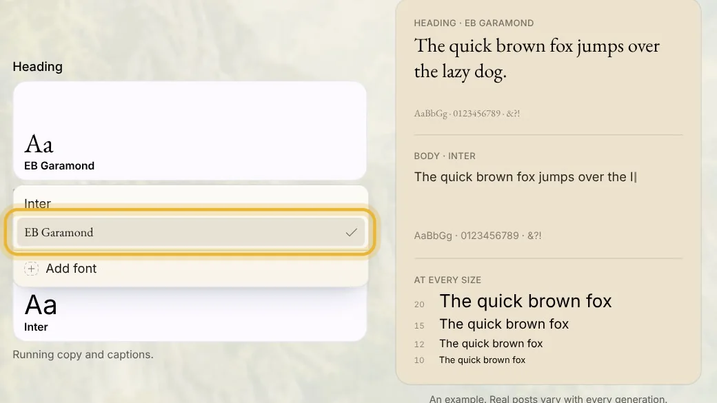 Heading's menu of your fonts: Inter, EB Garamond, ringed and picked, and Add font. The example shows each font at every size