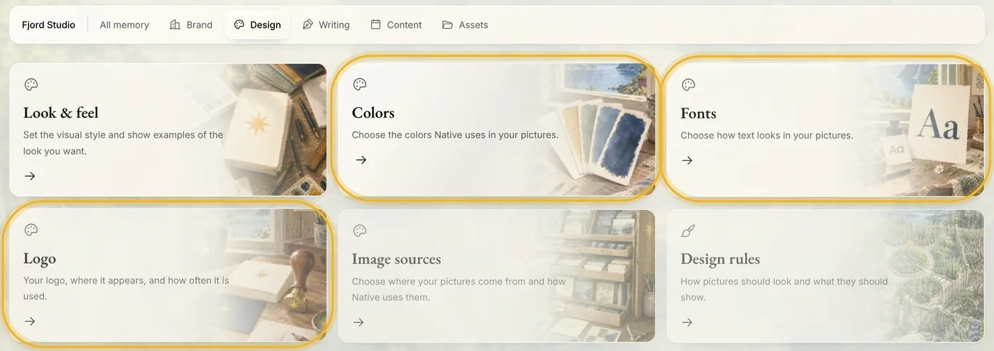 Design in Memory: Look & feel, Colors, Fonts, Logo, Image sources and Design rules. Colors, Fonts and Logo are ringed