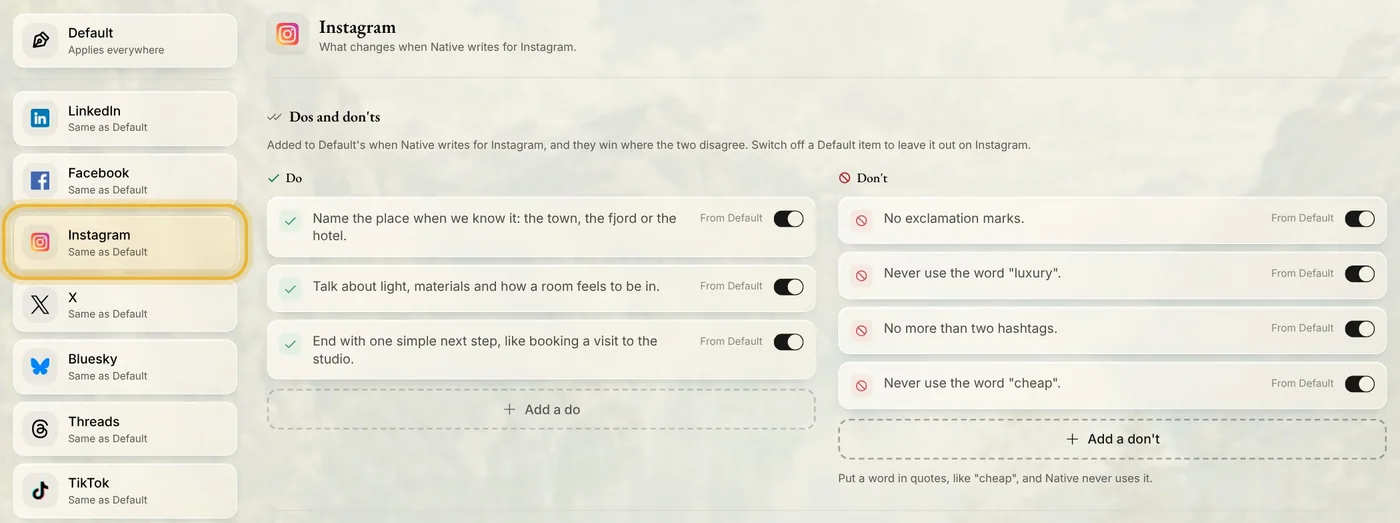 Instagram, ringed in the list on the left: What changes when Native writes for Instagram. Default's dos and don'ts show From Default, each with a switch