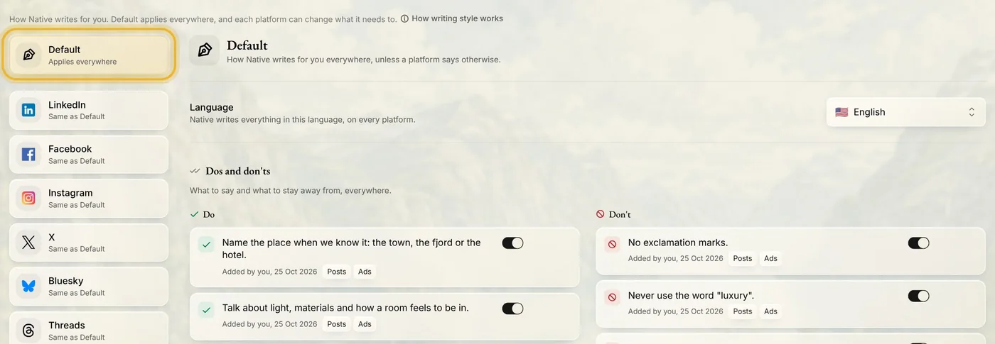 Voice & language: Default, ringed, applies everywhere; each channel below it says Same as Default. Language, then the dos and don'ts