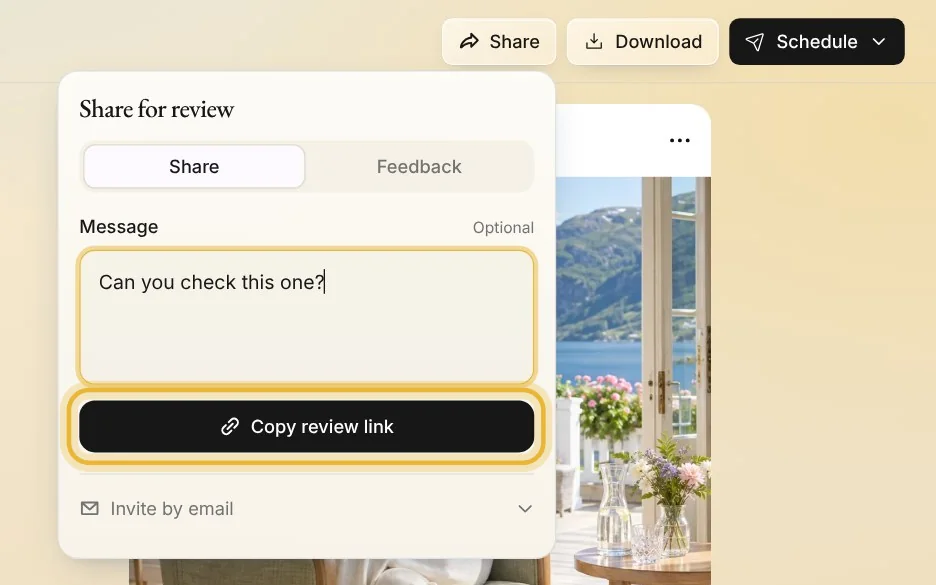 Share for review in Native's post editor: the Share and Feedback tabs, a message, and Copy review link
