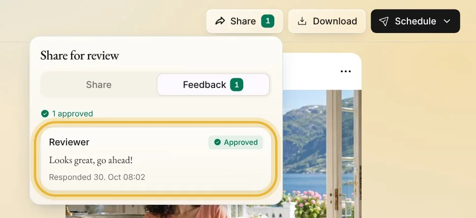 Share for review's Feedback tab in Native: 1 approved, the reviewer's answer Approved with their comment