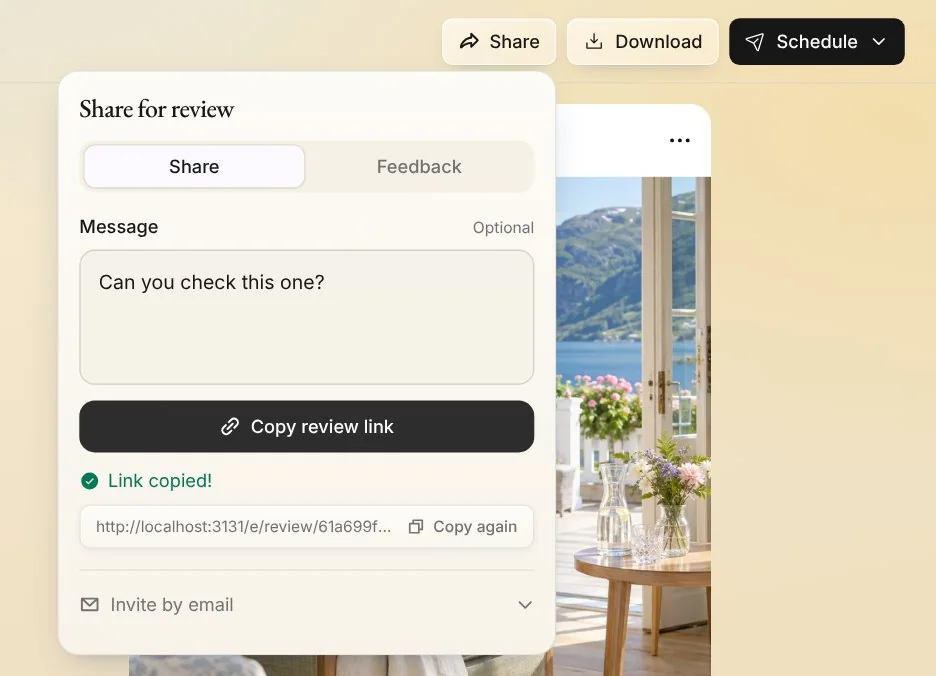 Share for review after Copy review link: Link copied, the link itself and Copy again