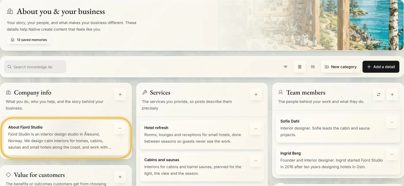 About you & your business: 13 saved memories in columns, Company info, Services, Team members and more, each detail on its own card