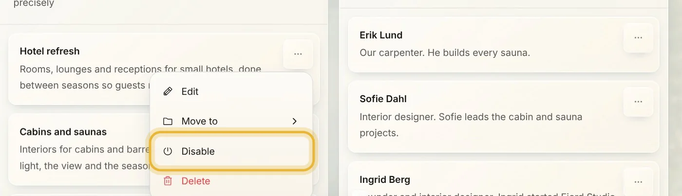 The menu on the Hotel refresh card: Edit, Move to, Disable, ringed, and Delete. Erik Lund, just added, sits at the top of Team members