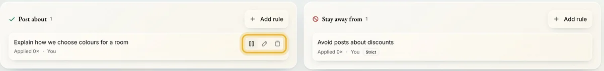A rule under Post about with its Pause rule, Edit rule and Delete rule buttons, beside a Strict rule under Stay away from