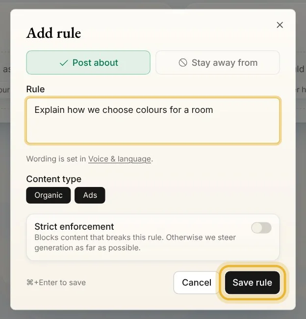 The Add rule dialog with Post about chosen and the rule Explain how we choose colours for a room, then Save rule
