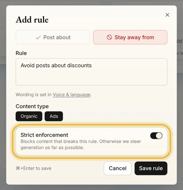 The Add rule dialog with Stay away from chosen, the rule Avoid posts about discounts and Strict enforcement turned on
