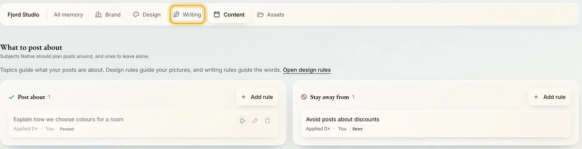 Memory's tabs with Writing beside Content, above the paused rule and the Strict rule