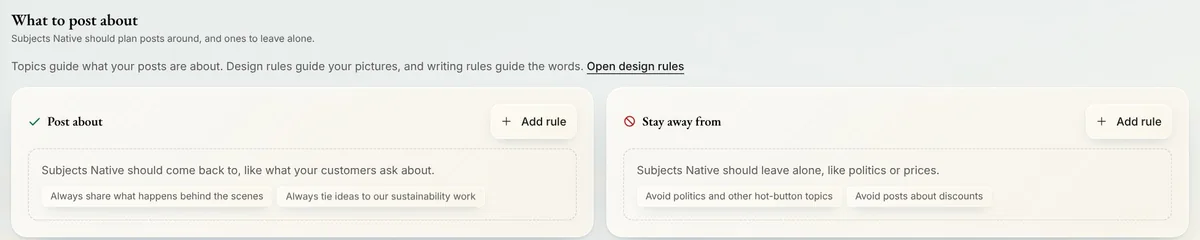 Memory's Topics page in Native: What to post about, with the columns Post about and Stay away from, each with Add rule and examples