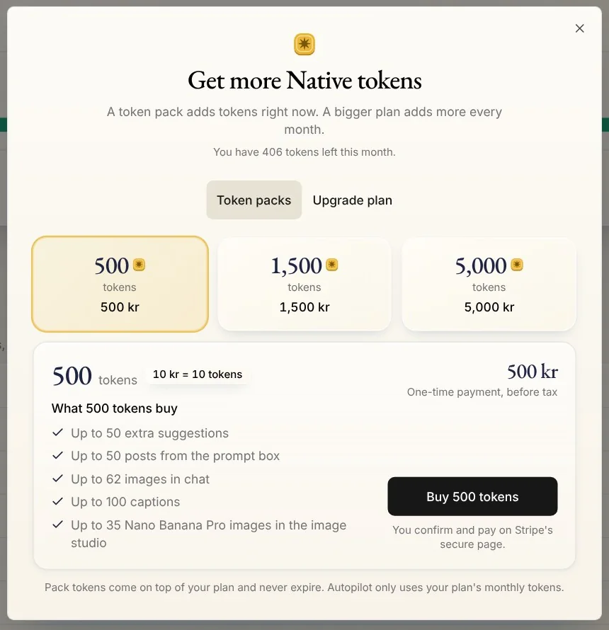 Get more Native tokens: packs of 500, 1,500 and 5,000 tokens, and what 500 tokens buy