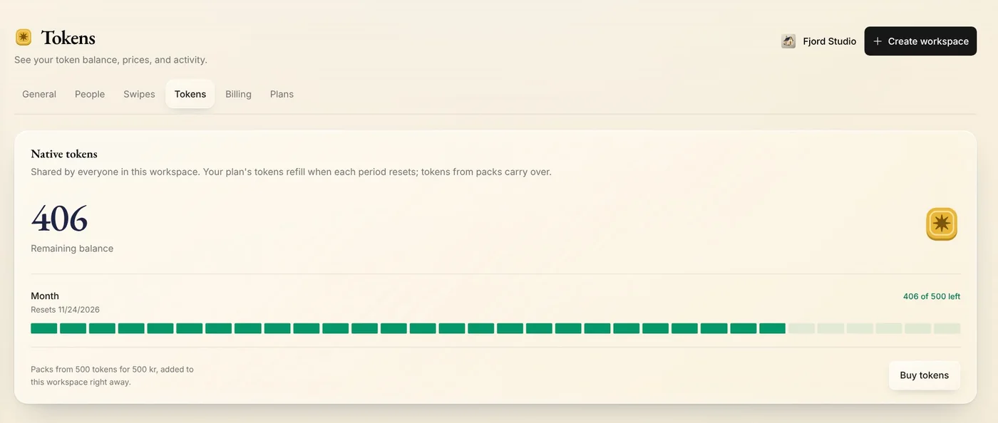 Tokens: 406 remaining, and this month's row showing 406 of 500 left and the day it resets
