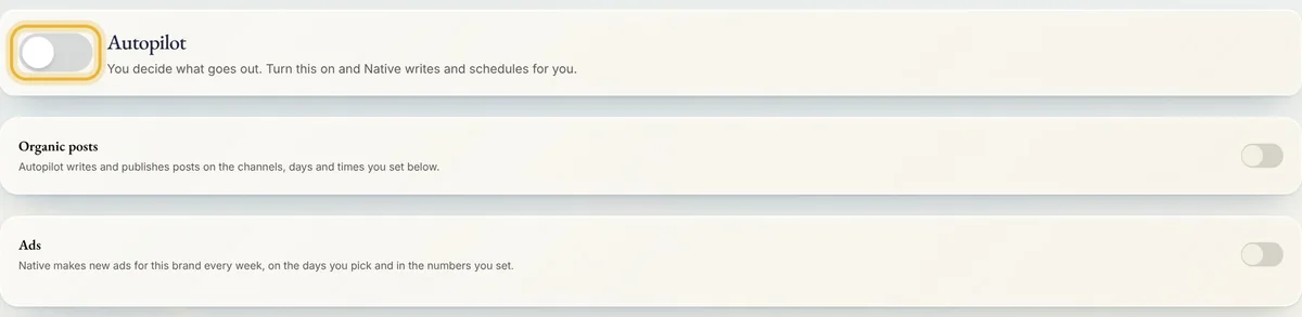 Memory's Autopilot page in Native: the Autopilot switch at the top, then Organic posts and Ads