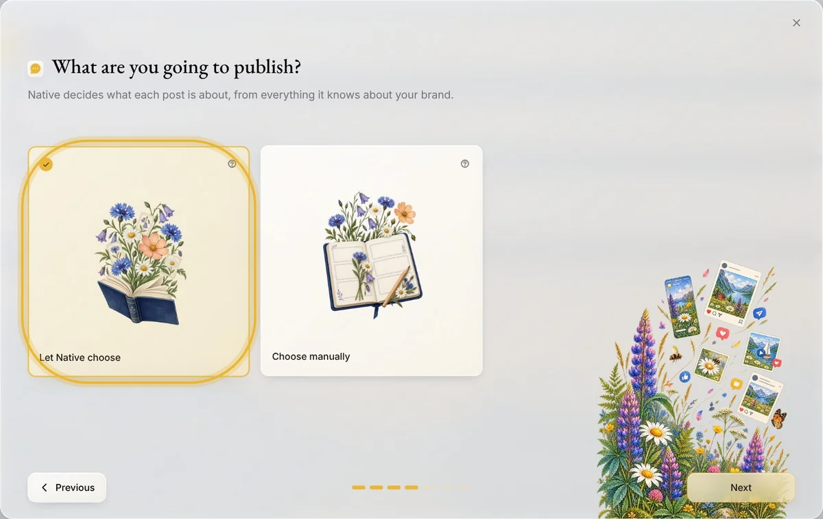 Autopilot's setup: What are you going to publish? Let Native choose, or Choose manually