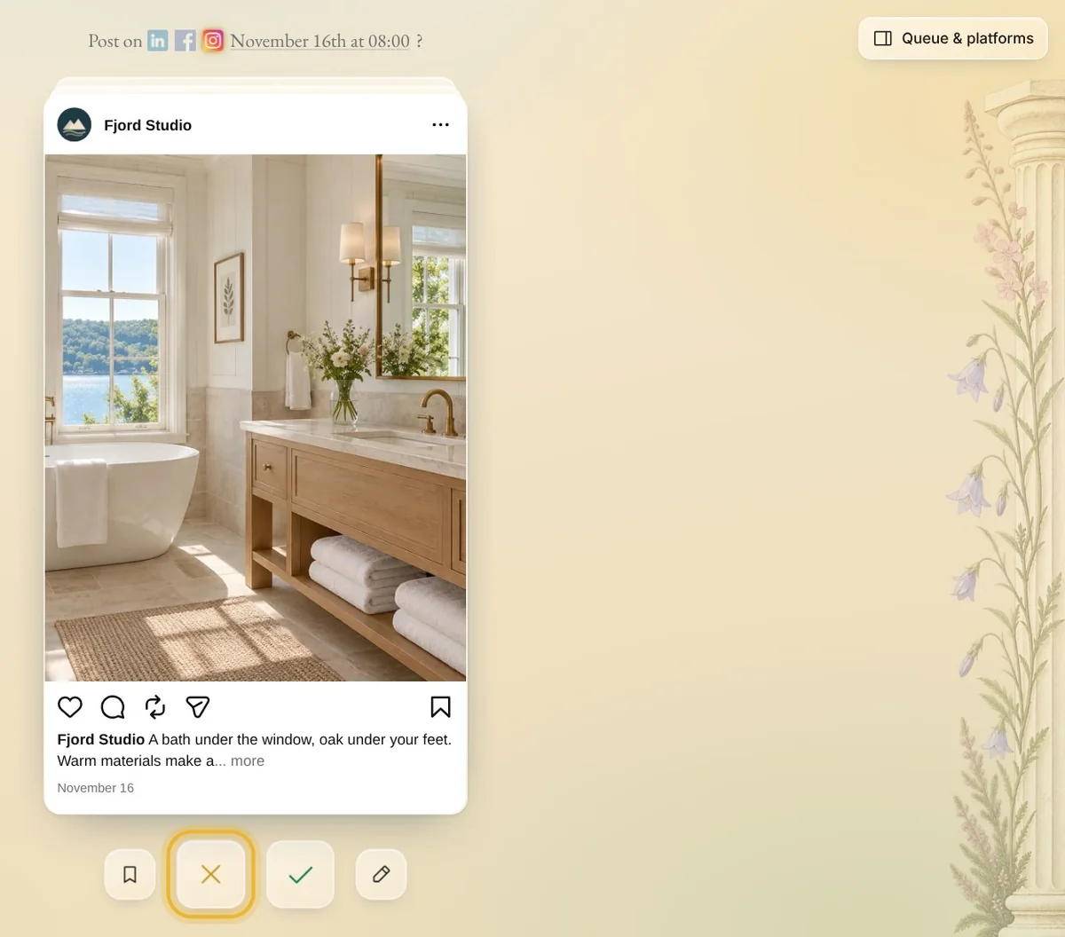 Native's Suggestions deck: a post for Instagram, LinkedIn and Facebook, the X to pass on it, and Queue & platforms at the top right