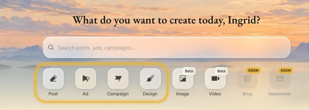 Create in Native: What do you want to create today, with Post, Ad, Campaign, Design, Image and Video