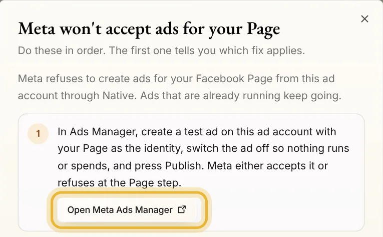 The first step in Native's dialog: a test ad on the same ad account in Ads Manager, switched off, with Open Meta Ads Manager