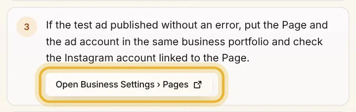 The third step: put the Page and the ad account in the same business portfolio, with Open Business Settings, Pages