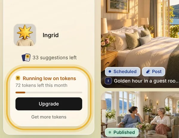 Native's sidebar: Running low on tokens, 72 tokens left this month, with Upgrade and Get more tokens