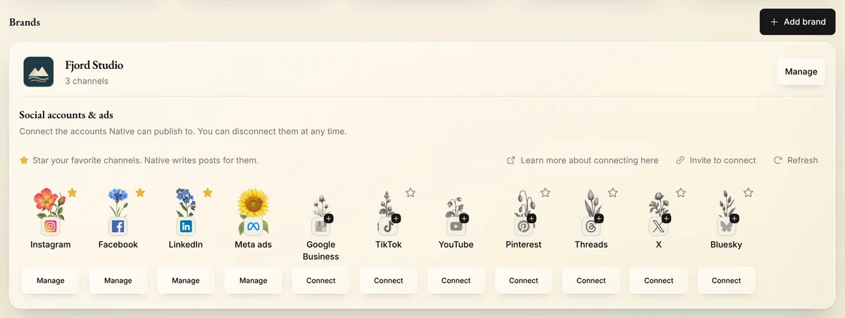 Brands in Native's Settings: Fjord Studio's card with its channels, Instagram, Facebook and LinkedIn connected, and Add brand