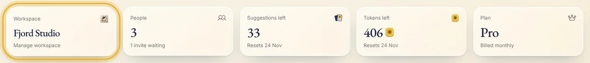 Settings' overview in Native: the workspace Fjord Studio, People 3, Suggestions left 33, Tokens left 406 and the Pro plan