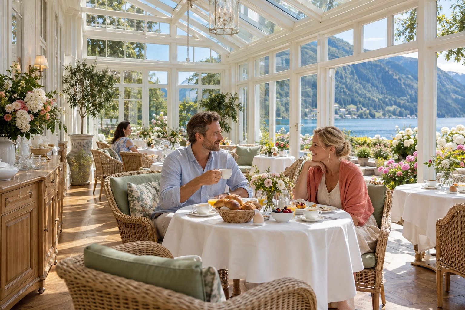 Frokosten dekket i glasshuset over vannet