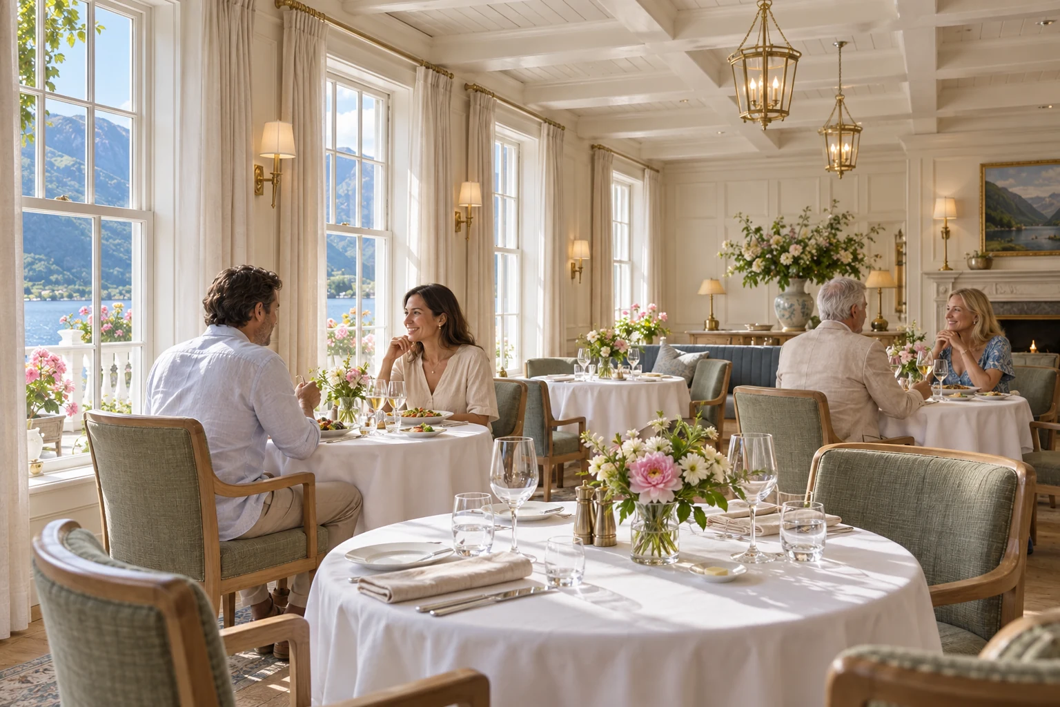 Spisesalen dekket til frokost, med vannet i vinduene
